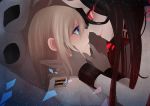  2girls battleship-symbiotic_hime black_hair blonde_hair blue_eyes commentary female_admiral_(kantai_collection) glowing glowing_eyes hands_on_another&#039;s_face hinagi_(fox_priest) horns incipient_kiss kantai_collection long_hair military military_uniform multiple_girls naval_uniform pale_skin red_eyes shinkaisei-kan uniform yuri 