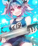  1girl blue_hair bubble fang hair_ribbon i-19_(kantai_collection) kai_ri kantai_collection long_hair name_tag red_eyes ribbon school_swimsuit solo swimsuit torpedo twintails underwater 