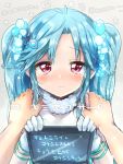  1girl bare_shoulders blue_hair blush character_request gloves hair_ornament hands_on_shoulders kamiya_zuzu long_hair red_eyes smile translation_request twintails 