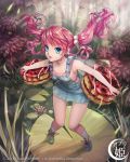  1girl blue_eyes carrying dawkinsia dessert dress food hair_bobbles hair_ornament lily_pad long_hair original pink_hair shoes sleeveless sneakers socks solo tagme tree twintails water 