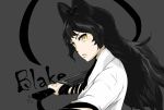  1girl artist_name bangs black_bow black_hair black_ribbon blake_belladonna bow character_name cleaver dated english grey_background hair_bow hatchet long_hair looking_at_viewer looking_to_the_side night_(ntnt0987) oriental_hatchet parted_lips reverse_grip ribbon rwby shirt signature simple_background solo white_shirt yellow_eyes 