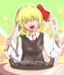  1girl :d ^_^ blonde_hair closed_eyes food fork fuyuno_(kiddyland) hair_ribbon knife meat open_mouth plate ribbon rumia short_hair smile steak steam touhou 