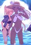  2girls :p adjusting_hair bikini black_bikini blonde_hair blue_eyes cave collarbone dark_elf dark_skin earrings elf hat highleg highleg_bikini highleg_swimsuit hoodie jewelry lavender_eyes lavender_hair long_hair looking_at_viewer multiple_girls navel original pointy_ears ponytail popsicle sentou smile straw_hat swimsuit tongue tongue_out wading water white_bikini white_swimsuit 