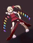  1girl ascot bike_shorts blonde_hair boots bow dual_wielding flandre_scarlet grin hat hat_bow highres ponkotsu_(ayarosu) red_eyes side_ponytail smile solo sword_of_hisou touhou wings 