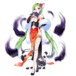  1girl book breasts cleavage donacoo full_body green_hair hair_ornament hair_stick highres holding holding_book long_hair looking_at_viewer navel official_art original panda red_eyes sengoku_slayer simple_background standing white_background 