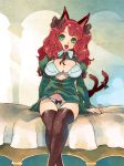  1girl alternate_eye_color alternate_hairstyle animal_ears black_legwear blush bow bow_panties bra breasts cat_ears cat_tail cleavage crossed_legs green_eyes hair_bow highres kaenbyou_rin large_breasts long_hair looking_at_viewer open_mouth panties redhead sitting smile tail tail_bow thigh-highs touhou tsuutenkaaku underwear 