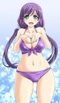  1girl bikini breasts cleavage green_eyes heart heart_hands long_hair love_live!_school_idol_project purple_hair swimsuit tonpuu toujou_nozomi twintails wide_hips 