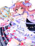  &gt;:) 1girl bow breasts cleavage donacoo gloves hair_bow hair_ribbon holding long_hair looking_at_viewer official_art original pink_eyes pink_hair ribbon scepter simple_background smile solo tiara wand white_background white_gloves 