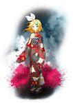  1girl absurdres arishiki blonde_hair blue_eyes flower hair_ornament hairband hairclip highres japanese_clothes kagamine_rin kimono looking_at_viewer short_hair solo standing vocaloid wind 