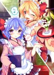  2girls :3 alternate_costume bat_wings blonde_hair blue_hair enmaided fang flandre_scarlet food highres ice_cream japanese_clothes kimono long_sleeves maid maid_headdress menu multiple_girls musical_note one_eye_closed open_mouth paragasu_(parags112) red_eyes remilia_scarlet ribbon-trimmed_clothes ribbon_trim siblings sisters smile spoken_blush spoken_musical_note spoon sundae touhou translated tray wa_maid wide_sleeves wings 