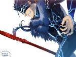  1boy black_nails blue_hair claws fate/stay_night fate_(series) fur_collar gae_bolg lancer long_hair polearm ponytail solo spear visor weapon ycco_(estrella) 