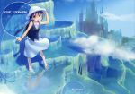  1girl absurdres bare_legs bare_shoulders barefoot black_hair blush castle cover dress green_eyes hat highres ice long_hair looking_at_viewer open_mouth original scan skirt sky smile solo takoyaki_(roast) vest wading water 