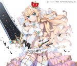  1girl agent_7 blonde_hair blue_eyes breasts crown donacoo holding looking_at_viewer mini_crown navel official_art original pout simple_background solo sword veil weapon white_background 