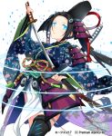  1girl agent_7 black_hair blue_eyes donacoo fingerless_gloves gloves hat holding japanese_clothes katana long_hair looking_at_viewer official_art original ponytail simple_background solo sword tate_eboshi weapon white_background 