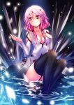  1girl bare_shoulders black_legwear blush breasts cleavage crystal detached_sleeves guilty_crown hair_ornament hairclip hand_on_own_chest highres long_hair looking_away mikoto_(mio) pink_hair red_eyes solo twintails water yuzuriha_inori 