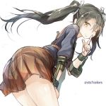  1girl black_hair cowboy_shot hair_ribbon kantai_collection leaning_forward long_hair looking_at_viewer one_eye_closed pointing pointing_up profile ribbon skirt smile solo sts twintails twitter_username white_background yellow_eyes zuikaku_(kantai_collection) 