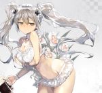  1girl bare_shoulders bikini breast_hold breasts brown_hair cleavage cowboy_shot dekappara_futoriusu detached_collar flower frilled_bikini frills german grey_hair hair_ribbon half-closed_eyes long_hair maid_headdress navel original pitcher ribbon solo swimsuit twintails white_bikini white_swimsuit wrist_cuffs 