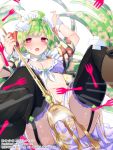  1girl ahoge bandaid breasts cleavage donacoo fork green_hair holding knife long_hair looking_at_viewer maid_headdress navel official_art open_mouth original polearm red_eyes simple_background solo sweat trident weapon white_background 