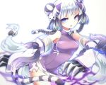  1girl bare_shoulders blue_eyes blush bow braid cat_hair_ornament china_dress chinese_clothes claws dress hair_ornament haku_(p&amp;d) long_hair merlusa multicolored_hair open_mouth purple_bow purple_dress purple_hair puzzle_&amp;_dragons simple_background sleeveless sleeveless_dress solo tail tiger_tail twin_braids two-tone_hair white_background white_hair yin_yang 