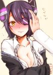  1girl black_hair blush breasts bust checkered_necktie cleavage dress_shirt eyepatch hair_ornament hand_on_another&#039;s_face kantai_collection mado_(mado_rgrg) necktie off_shoulder shirt solo_focus tenryuu_(kantai_collection) translated yellow_eyes 
