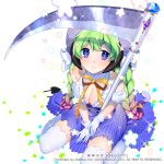  1girl braid breasts cleavage donacoo green_hair hat holding long_hair looking_at_viewer official_art original scythe simple_background sitting smile solo twin_braids twintails violet_eyes white_background 
