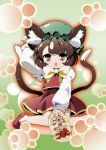  1girl :d animal_ears brown_eyes brown_hair cat_ears cat_tail chen coin hat holding looking_at_viewer maneki-neko mob_cap multiple_tails naitou_ryuu open_mouth paw_pose short_hair smile solo tail touhou translation_request 