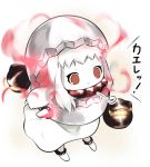  1girl chibi costume floating_fortress_(kantai_collection) horns kantai_collection long_hair northern_ocean_hime red_eyes sch shinkaisei-kan simple_background solo translated white_background white_hair white_skin 