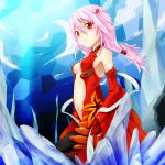  1girl bare_shoulders black_legwear breasts center_opening cleavage detached_sleeves elbow_gloves fingerless_gloves gloves guilty_crown hair_ornament hairclip highres long_hair looking_at_viewer navel open_mouth pink_hair red_eyes solo thigh-highs twintails yuzuriha_inori 