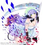  1girl :d bent_over blurry breasts cleavage depth_of_field donacoo green_eyes hat holding long_hair looking_at_viewer official_art open_mouth original purple_hair scythe simple_background smile solo white_background 
