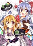 2girls :d alternate_costume alternate_hairstyle apron asymmetrical_hair asymmetrical_wings blonde_hair bow enmaided eyes_visible_through_hair fang_out flandre_scarlet flower flower_on_head hair_bow hand_on_hip japanese_clothes kimono kuzumomo lavender_hair looking_at_viewer maid maid_apron maid_headdress menu_board multiple_girls obi open_mouth print_kimono red_eyes remilia_scarlet sash short_hair short_kimono short_ponytail siblings side_ponytail sisters smile touhou wa_maid wide_sleeves wings 