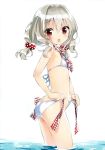  1girl :o absurdres aisia bikini blush commentary_request da_capo dressing flat_chest hair_bobbles hair_ornament highres long_hair looking_at_viewer open_mouth peko petite polka_dot red_eyes scan side-tie_bikini silver_hair solo standing string_bikini swimsuit twintails untied untied_bikini water 