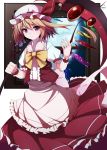  1girl adapted_costume blonde_hair bow flandre_scarlet hat hat_ribbon highres mob_cap pink_eyes puffy_short_sleeves puffy_sleeves ribbon satou_(3366_s) scythe shirt short_sleeves side_ponytail skirt skirt_set solo touhou vest wings wrist_cuffs 