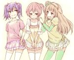  3girls black_hair blush bow brown_eyes brown_hair casual chado dress embarrassed girl_sandwich green_legwear hair_bobbles hair_bow hair_ornament hands_on_another&#039;s_shoulder hoshizora_rin long_hair love_live!_school_idol_project lowres minami_kotori multiple_girls off_shoulder open_mouth orange_hair red_eyes sandwiched short_hair side_ponytail skirt smile t-shirt thigh-highs tied_shirt twintails white_legwear yazawa_nico 