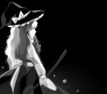  1girl akiyoku apron back black_background bow braid broom expressionless hat kirisame_marisa long_hair looking_at_viewer monochrome solo star touhou witch witch_hat 