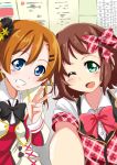  2girls amami_haruka blue_eyes bow brown_hair crossover green_eyes grin hair_bow hat idolmaster kousaka_honoka love_live!_school_idol_project mini_top_hat multiple_girls one_eye_closed plaid plaid_bow ribbon self_shot short_hair smile sore_wa_bokutachi_no_kiseki top_hat tsukasa_0913 v 