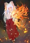  1girl :d blush bow fire fujiwara_no_mokou full_body hair_bow hand_in_pocket highres long_hair maru-pen open_mouth pants pointing pointing_up red_eyes smile solo standing touhou very_long_hair white_hair 