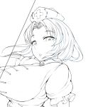  1girl breasts hat large_breasts looking_at_viewer mole_under_eye monochrome nose parted_lips short_sleeves solo string tagme toobon touhou unfinished yagokoro_eirin 