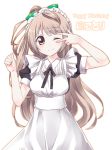  1girl alternate_costume blush brown_eyes brown_hair enmaided happy_birthday long_hair looking_at_viewer love_live!_school_idol_project maid maid_headdress minami_kotori one_eye_closed side_ponytail simple_background smile v v_over_eye white_background wonder_zone yukari_yukke 