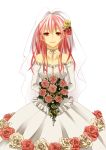  1girl bare_shoulders blush bouquet breasts bridal_veil bride cleavage crying crying_with_eyes_open detached_sleeves dress elbow_gloves flower gloves guilty_crown hair_ornament happy_tears highres long_hair looking_at_viewer minka pink_hair red_eyes smile solo tears veil veil_lift wedding_dress yuzuriha_inori 