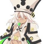  1girl absurdres bare_shoulders belt_buckle beltbra breasts bust cape cleavage dark_skin expressionless guilty_gear guilty_gear_xrd hat highres long_hair looking_at_viewer nanase_aoi orange_eyes ramlethal_valentine simple_background solo under_boob white_background white_hair 