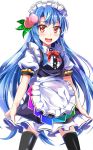  1girl :d adapted_costume alternate_costume apron black_legwear blue_hair bowtie collared_shirt dress e.o. enmaided food food_on_head frilled_skirt frills fruit fruit_on_head highres hinanawi_tenshi long_hair looking_at_viewer maid maid_apron maid_headdress object_on_head open_mouth peach puffy_short_sleeves puffy_sleeves red_eyes short_sleeves skirt smile solo thigh-highs touhou tsurime very_long_hair zettai_ryouiki 