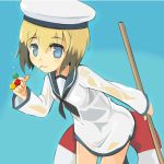  1girl alternate_costume between_fingers blonde_hair blue_background blue_eyes blush bottomless broom brown_hair candy chameleon_man_(three) erica_hartmann hat holding leaning leaning_forward lollipop long_sleeves looking_at_viewer multicolored_hair neckerchief sailor sailor_collar sailor_hat smile solo strike_witches two-tone_hair water wet wet_clothes 