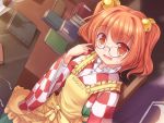  1girl apron bell book_stack brown_eyes brown_hair chair desk futatsuiwa_mamizou glasses glasses_removed hair_bell hair_ornament highres japanese_clothes kimono long_sleeves looking_at_viewer lzh motoori_kosuzu open_mouth pince-nez solo sweat touhou two_side_up wide_sleeves 