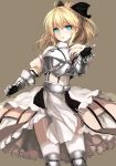  1girl ahoge armor armored_dress bare_shoulders blonde_hair dress fate/stay_night fate/unlimited_codes fate_(series) gauntlets green_eyes outstretched_arm saber saber_lily solo zen_o 