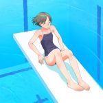  1girl barefoot black_eyes black_hair competition_school_swimsuit flash_tomo flat_chest highres legs one-piece_swimsuit original pool poolside short_hair sitting solo swimsuit water 