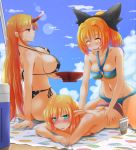  3girls ass bikini black_bikini blanket blonde_hair blue_bikini blue_sky blush bow breasts butt_crack clouds collarbone crazy_eyes drooling green_eyes hair_bow horn hoshiguma_yuugi kurodani_yamame large_breasts lens_flare long_hair lotion lying mizuhashi_parsee multiple_girls navel nokishita_kumoemon on_stomach pointy_ears red_eyes sakazuki side-tie_bikini sideboob sky strap_gap sunscreen sweat swimsuit topless touhou under_boob very_long_hair yellow_eyes you_gonna_get_raped 