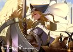  1girl armor blonde_hair braid cape gauntlets highres knight pixiv_fantasia pixiv_fantasia_fallen_kings realmbw red_eyes shield solo sword weapon 