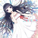  1girl album_cover black_hair cover donacoo dress long_hair looking_at_viewer lying official_art original smile solo violet_eyes white_dress 