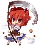  1girl chibi coin fang hair_bobbles hair_ornament onozuka_komachi open_mouth red_eyes redhead sandals scythe six_(fnrptal1010) smile tabi touhou twintails two_side_up 