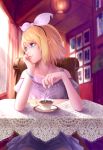  1girl blonde_hair blue_eyes bow bracelet chair cup drink hair_bow hairband highres jewelry kagamine_rin looking_away short_hair sitting solo spoon table vocaloid wei_ji window 